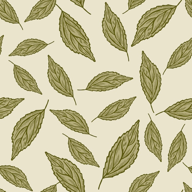 Vector seamless pattern engraved tree leaves vintage background botanical with foliage in hand drawn style