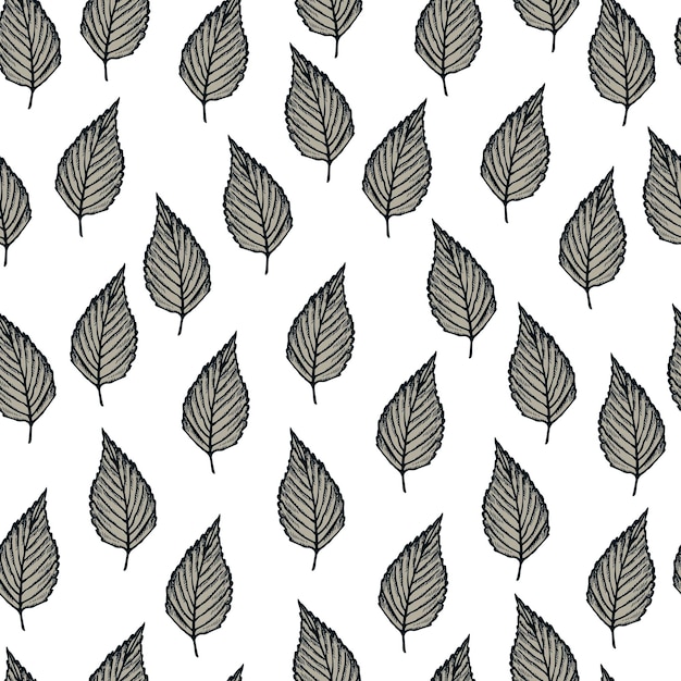 Вектор Бесшовный узор с гравировкой листьев деревьев винтажный ботанический фон с листвой в стиле ручной работы