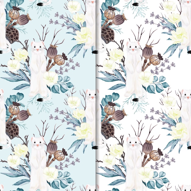 Seamless pattern ermine with flowers