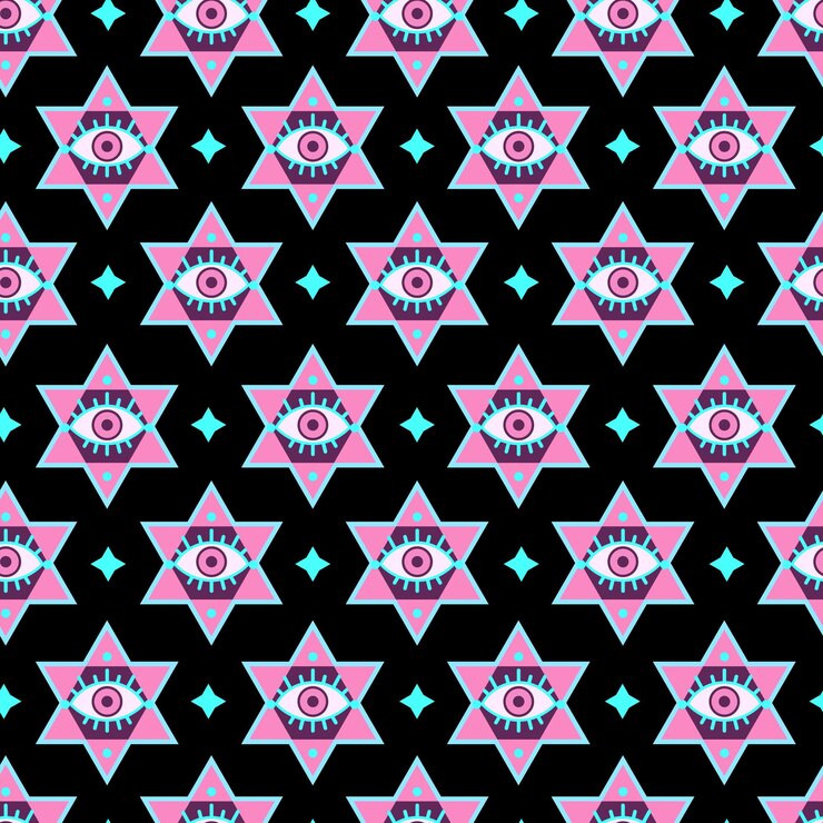 Vector seamless pattern of esoteric hexagonal symbols on a black background