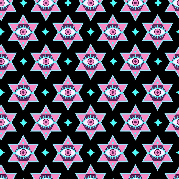 Vector seamless pattern of esoteric hexagonal symbols on a black background