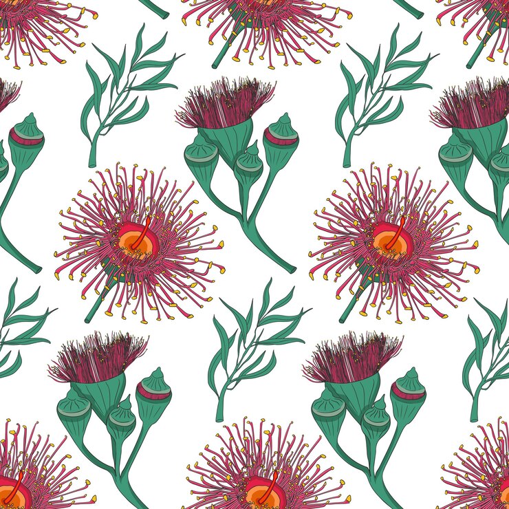 Vector seamless pattern of eucalyptus branches isolated on white background.
