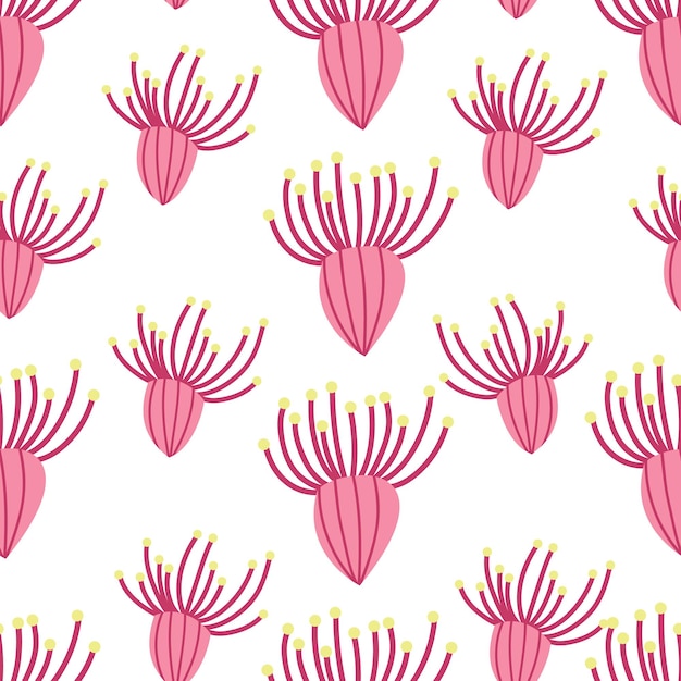 シームレスなパターンユーカリの花白い孤立した背景に手描きピンクの花装飾的なプリント植物要素カラフルな顕花植物落書きスタイルのベクトルイラスト