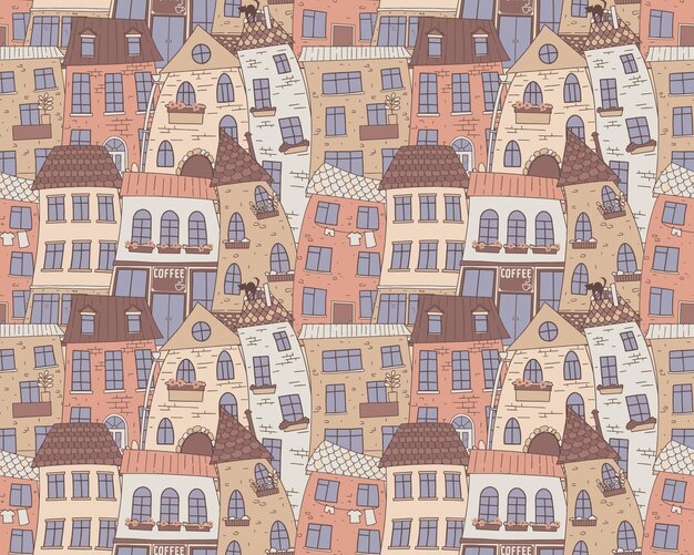 Seamless pattern european city with cozy old houses