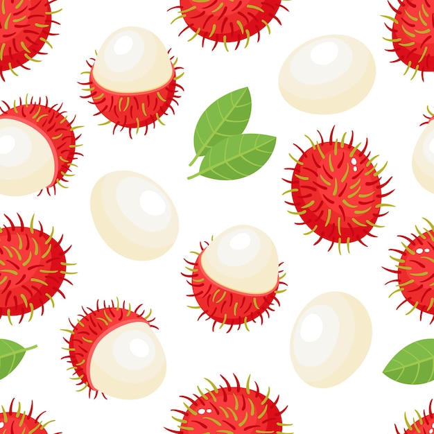 Seamless pattern of exotic fruit rambutan on white.