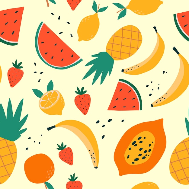 Seamless pattern of exotic fruits in hand-drawn style. trendy hand drawn textures. summer background