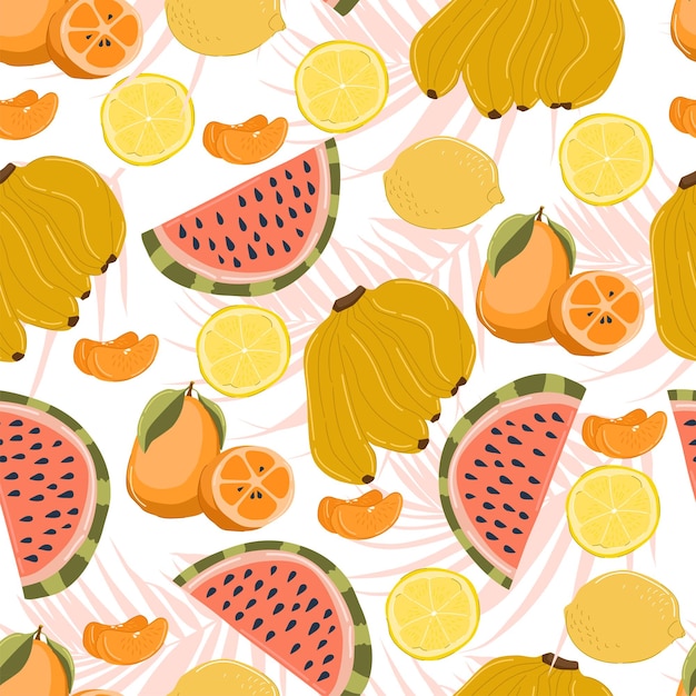 Seamless pattern of exotic fruits in hand drawn style. Vector repeat background for colorful fabric