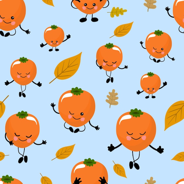 SEAMLESS pattern exotic fruits persimmons funny cute faces character