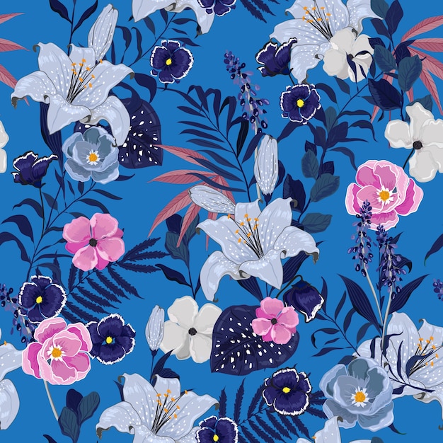 Seamless Pattern exotic garden flowers 