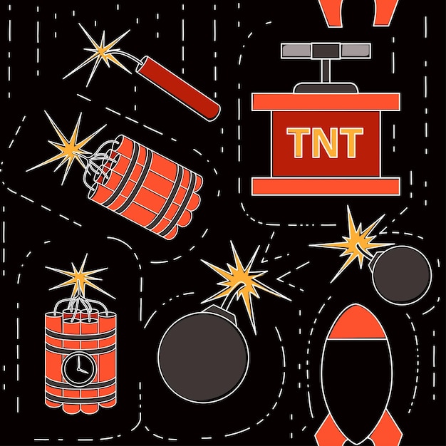 Бесшовный образец взрывного ретро динамита для добычи красочных икон коллекции плоских векторных иллюстраций на черном фоне