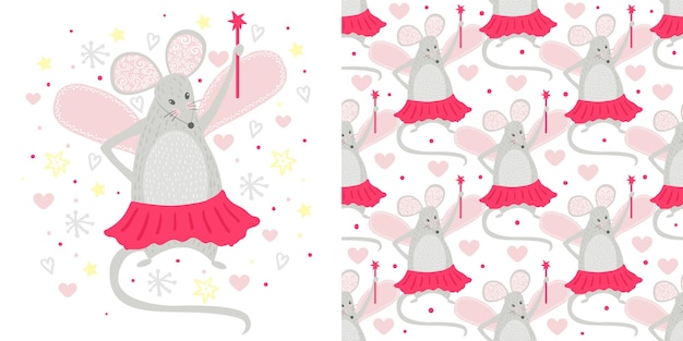 Seamless pattern Fairy mouse with magic wand Cool animal illustration for nursery tshirt kids