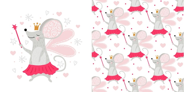 Seamless pattern Fairy mouse with magic wand Cool animal illustration for nursery tshirt kids