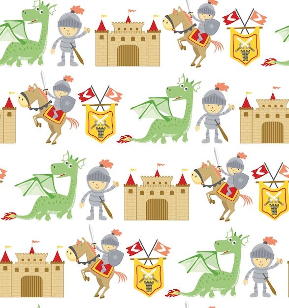 Seamless pattern  of fairy tale cartoon with dragon, knight, horse and castle.