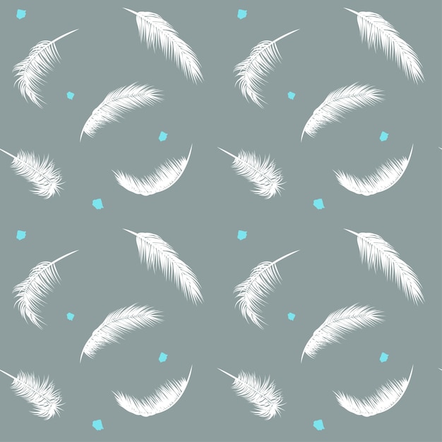 Vector seamless pattern falling feathers on a gray background.