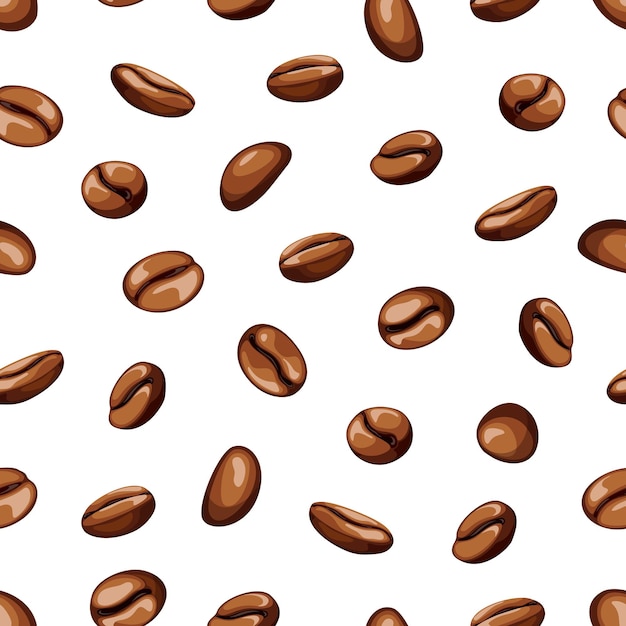 Vector seamless pattern of falling roasted coffee beans on a white background