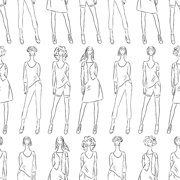 Vector seamless pattern of fashionable slender women sketches in summer clothing collection