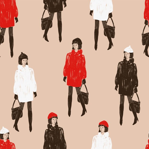 Vector seamless pattern of fashionable women in the fur coats