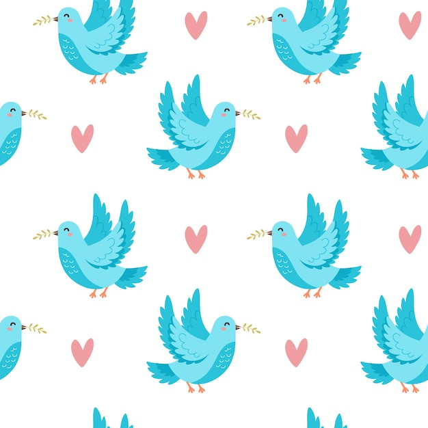 Vector seamless pattern featuring cute doves holding branch in their beaks surrounded pink hearts