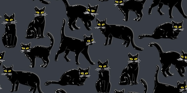 Disegno senza cuciture con un gatto nero di halloween con occhi gialli un gatto di cartone animato piatto in stile retro