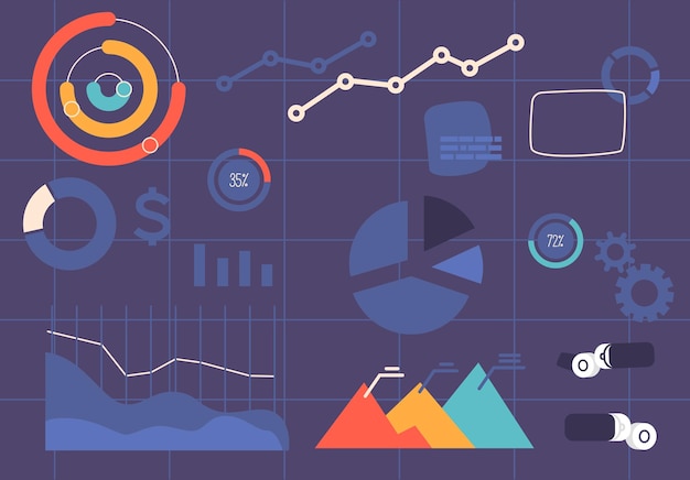 Vettore modello senza cuciture con elementi infografici come grafici, icone e illustrazioni, creando un design visivamente accattivante e informativo adatto a presentazioni e contenuti digitali