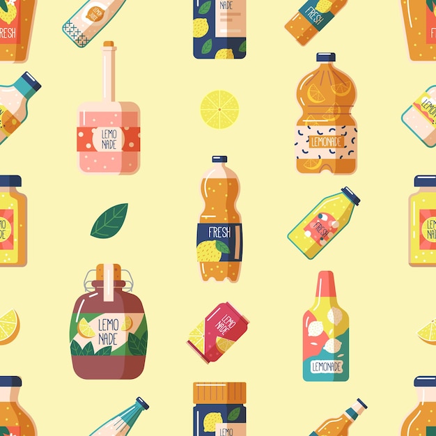 Seamless Pattern Featuring Lemonade Bottles And Cans With Citrus Fruits Perfect For Summertime Decorations