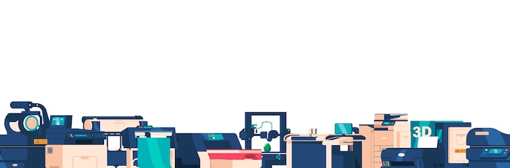 Vector seamless pattern featuring printers and plotters perfect for techthemed designs repeating image of these devices create a dynamic and modern visual cartoon vector horizontal wallpaper or border