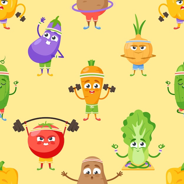 Seamless Pattern Featuring Vegetable Sportsmen Characters Showcasing Their Athletic Prowess Tile Vector Background