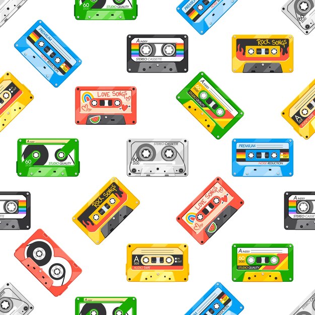 Бесшовный узор с винтажными аудиокассетами в ретро-дизайне, идеально подходящий для любителей музыки и любителей ностальгии. Мультяшные векторные обои с горизонтальной рамкой для творческих проектов.