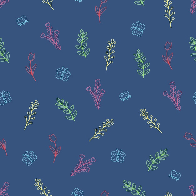 Seamless pattern field plants meadow grass and flowers tulips
poppies vector doodle illustration