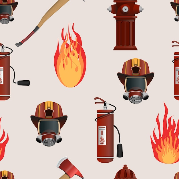 Seamless pattern fire department and fire equipment colorful vector illustration