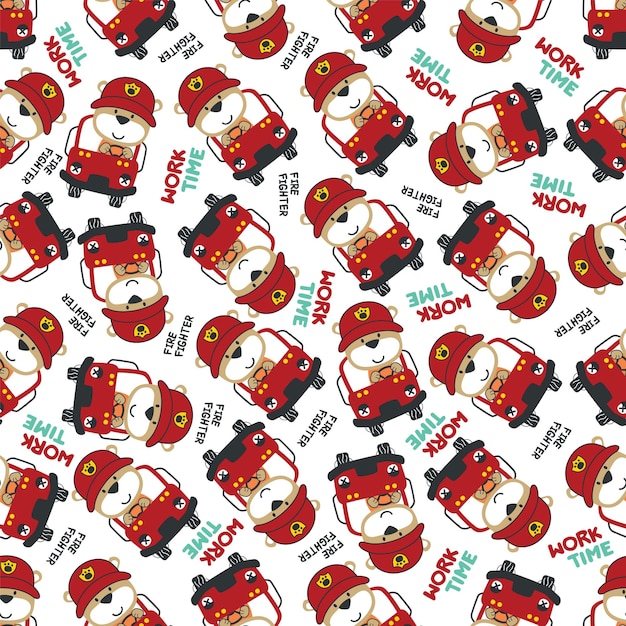 Vector seamless pattern of fire fighter car with bear fire fighter animal cartoon creative vector childish background for fabric textile nursery wallpaper card poster and other decoration