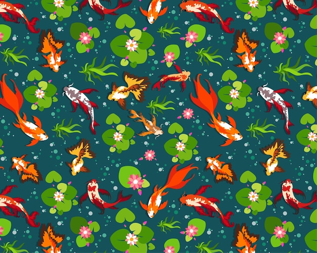 Vector seamless pattern, fish carp koi, lily pond