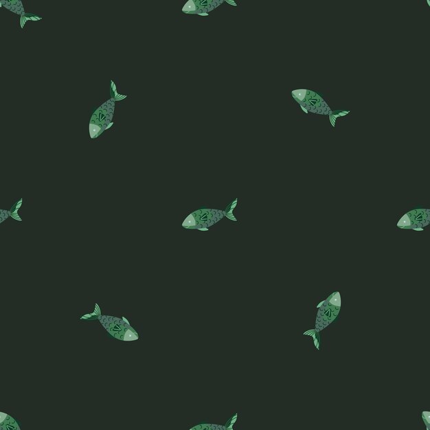 진한 녹색 배경에 원활한 패턴 물고기입니다. 바다 동물이 있는 미니멀한 장식. 직물에 대한 기하학적 템플릿입니다. 디자인 벡터 일러스트 레이 션.