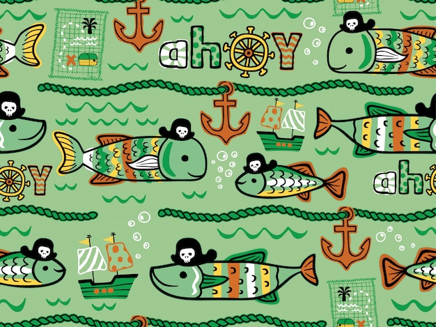 Seamless pattern of fishes pirates cartoon