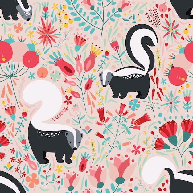 Seamless pattern in flat style with cartoon floral elements, flowers and skunks.