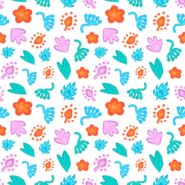 Seamless pattern floral botanical abstraction Colored flowers leaves buds on white Memphis Vector