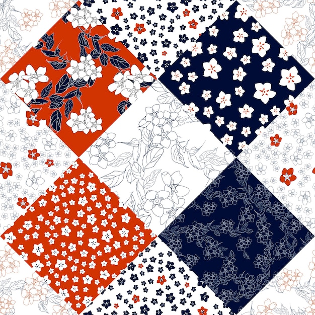 Vector seamless pattern floral patchwork with abstract flowers