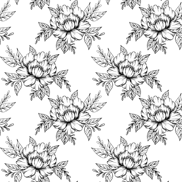 Seamless pattern floral print Handdrawn contour flowers with leaves on a white background