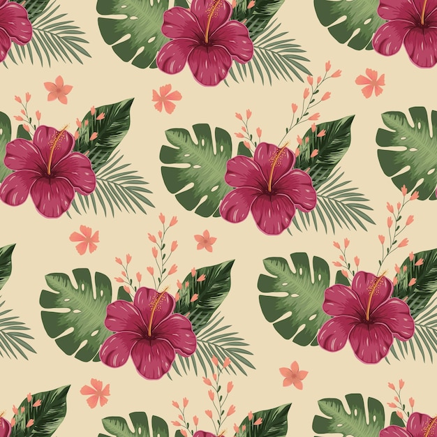 Seamless pattern floral summer background with tropical flowers palm leaves and monstera