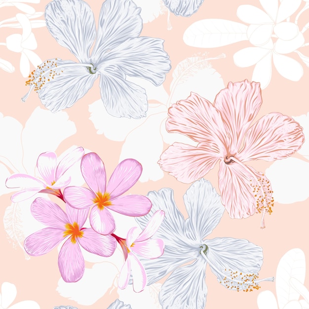 Vector seamless pattern floral with hibiscus and frangipani flowers background