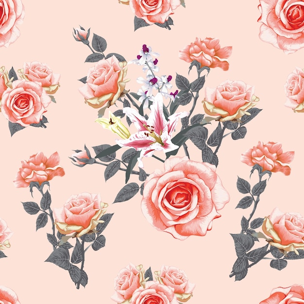 Seamless pattern floral with pink pastel rose and lily flowers abstract background.