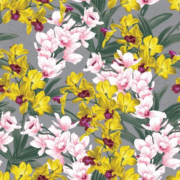 노란색과 분홍색 난초 꽃 추상 배경으로 꽃 원활한 패턴입니다.
