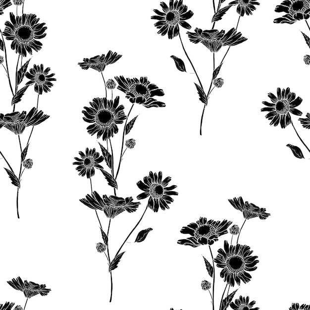 Seamless pattern of flower silhouette chamomile black and white hand drawn