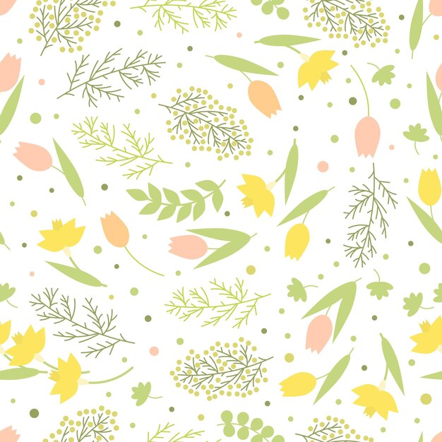 Vector seamless pattern. flower spring background. green branches and leaves, narcissus, mimosa and tulips on a white background, vector illustration.