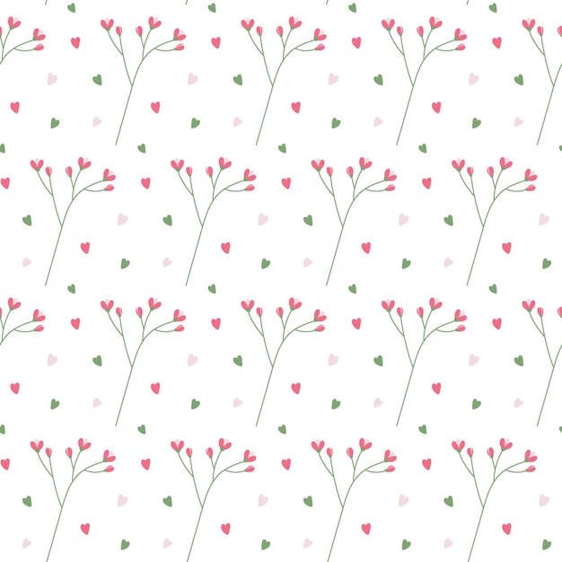 Seamless pattern of flowering twigs with colorful decorative elements in the shape of heart Isolate