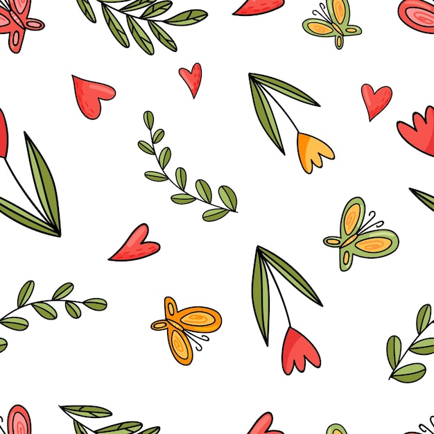 Seamless pattern flowers butterflies and hearts