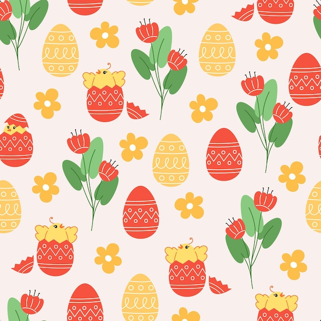 Seamless pattern of flowers chickens and easter eggs in cartoon style