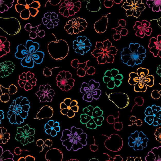 Seamless pattern of the flowers and the fruit