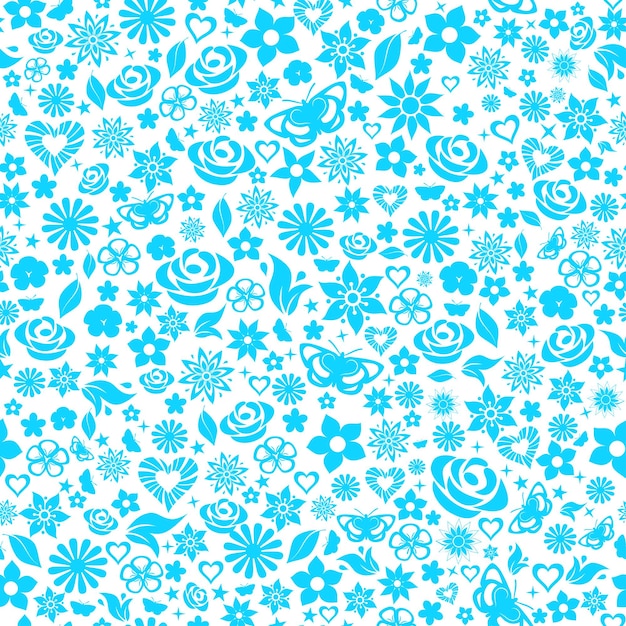 Seamless pattern of flowers leafs stars butterflies and hearts Light blue on white