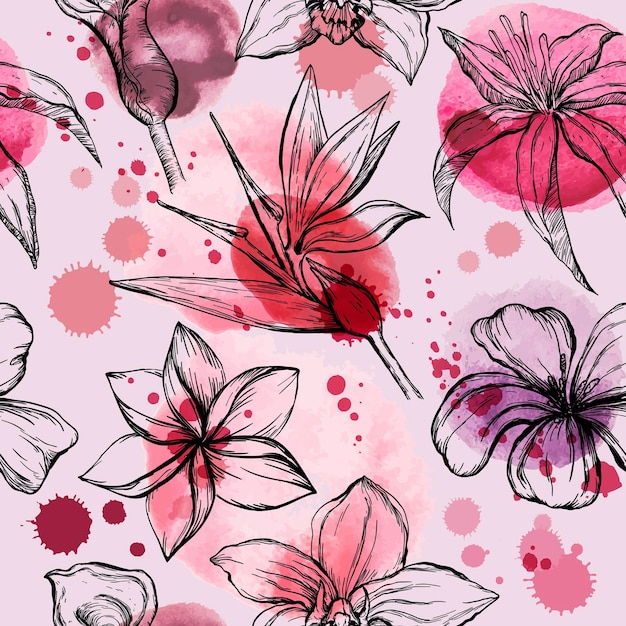 A seamless pattern of flowers and leaves on a pink background.